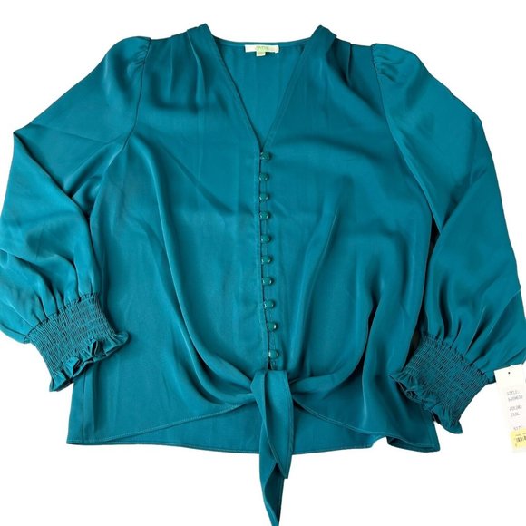 Jade Melody Tam Womens Top Size Small Teal Blue Green Tie Front Button Up - Picture 2 of 9